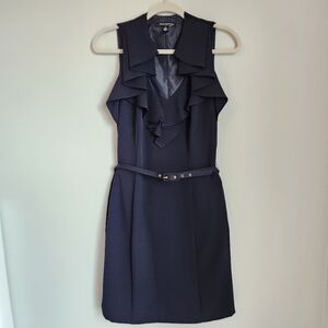 Sharagano Size 10P Navy Ruffle Sleeveless Belted Dress Knee Length Fully Lined